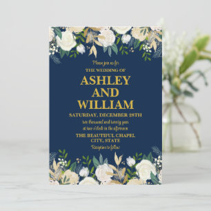 Navy Blue och Guld Boho Bohemian Greenery Bröllop Inbjudningar