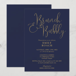 Navy Blue och Guld Brunch och Bubbels Bröllopsfest Inbjudningar