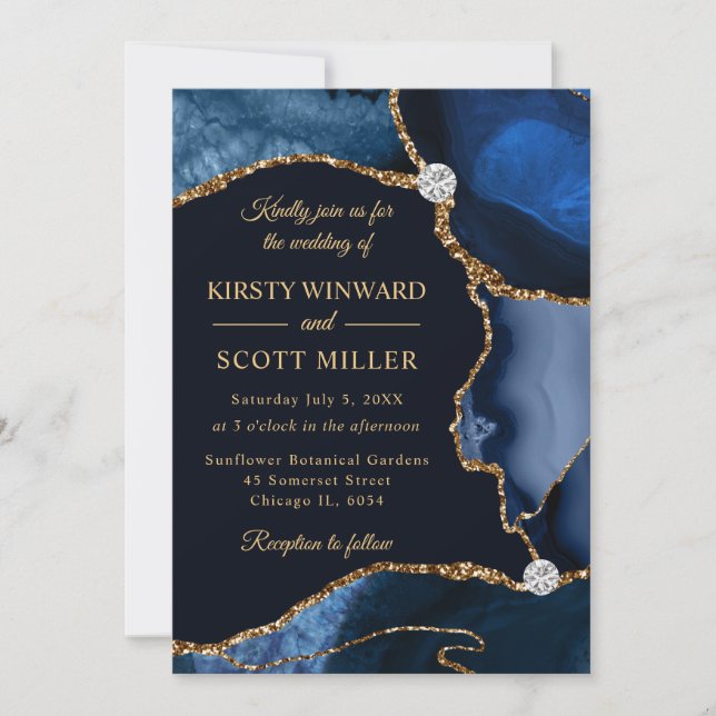 Navy Blue och Guld Falskt Glitter Agat Bröllop Inbjudningar (Framsida)