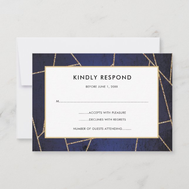 Navy Blue och Guld Glitter Geometri Linjer RSVP OSA Kort (Framsida)