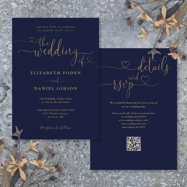 Navy Blue Och Guld Hjärt Script QR-kod Bröllop Inbjudningar (Navy Blue And Gold Heart Script QR Code Wedding Invitation)