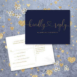 Navy Blue Och Guld Hjärt Script Sångförfrågan RSVP Inbjudan Vykort