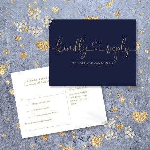 Navy Blue Och Guld Hjärt Script Sångförfrågan RSVP Inbjudan Vykort