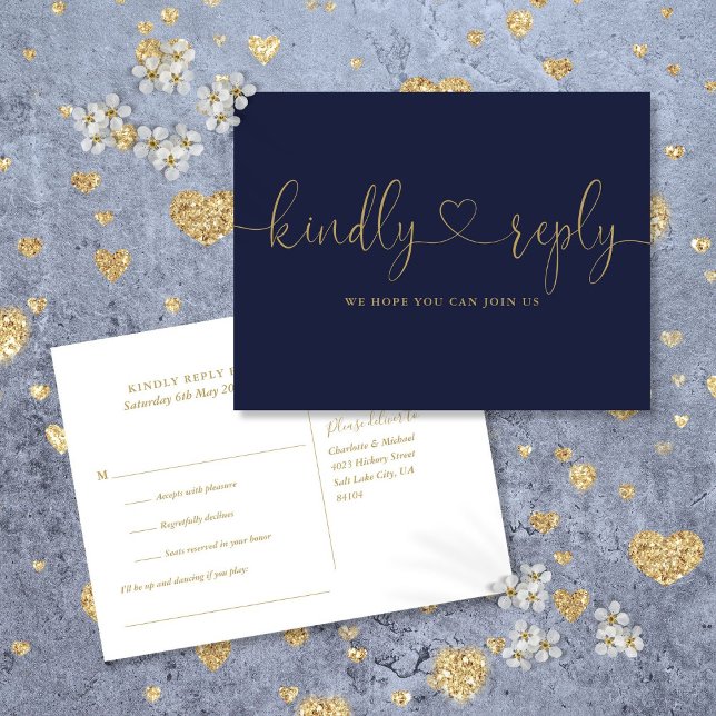 Navy Blue Och Guld Hjärtformad Skript Sångförfråga Inbjudan Vykort (Navy Blue And Gold Heart Script Song Request RSVP Invitation Postcard)