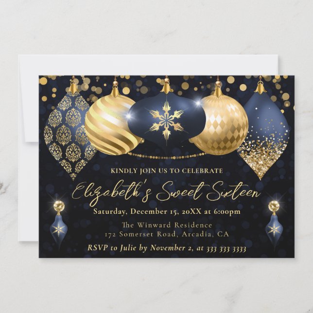Navy Blue och Guld Julkulor Sweet 16 Inbjudningar (Framsida)