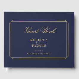 Navy Blue Och Guld Klassisk Art Deco Bröllop Gästböcker