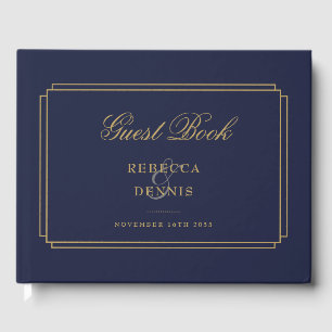 Navy Blue Och Guld Klassisk Art Deco Bröllop Gästböcker
