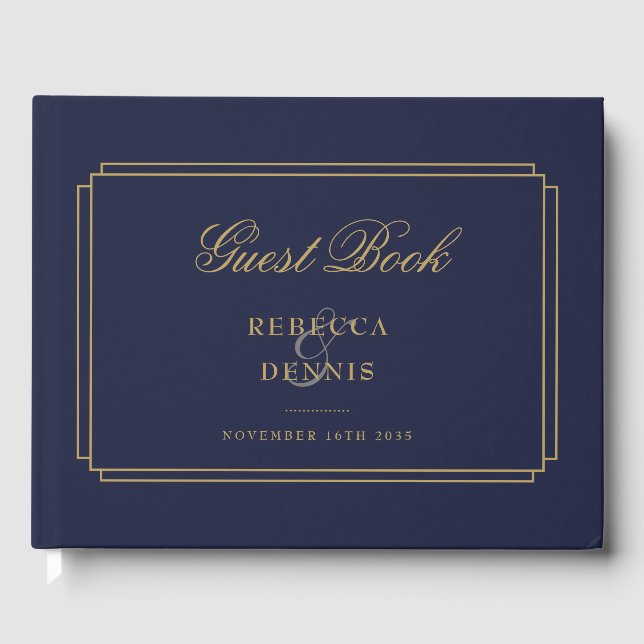 Navy Blue Och Guld Klassisk Art Deco Bröllop Gästböcker (Framsida)