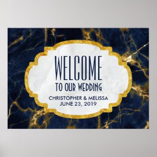 Navy Blue och Guld Marble Modern Bröllop Välkommen Poster