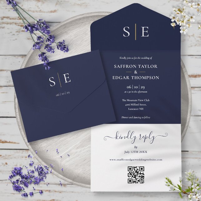 Navy Blue Och Guld Monogram QR-kod Bröllop (Navy Blue And Gold Monogram QR Code Wedding All In One Invitation)