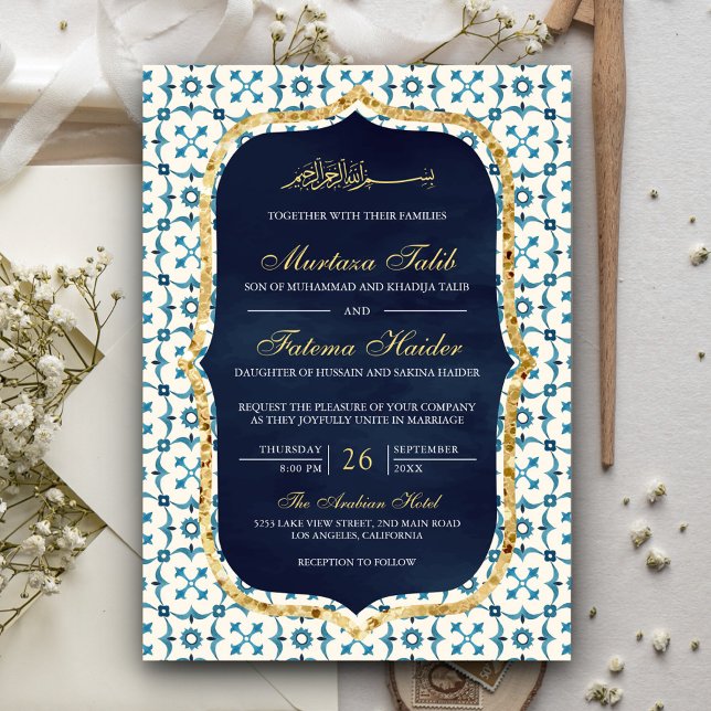 Navy Blue och Guld Moroccan Tile Islamic Bröllop Inbjudningar (Skapare uppladdad)