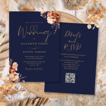 Navy Blue Och Guld QR-kod Höstbröllop