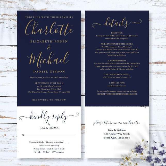 Navy Blue Och Guld Script Allt I Ett Bröllop Inbjudningar (Navy Blue And Gold Script All In One Wedding Invitation)