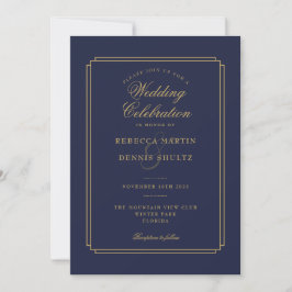 Navy Blue och Guld Script Art Deco Bröllop Inbjudningar