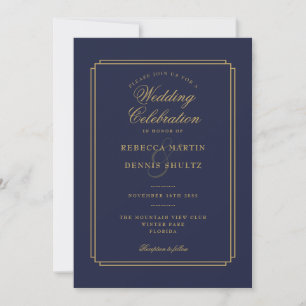 Navy Blue och Guld Script Art Deco Bröllop Inbjudningar