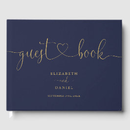 Navy Blue Och Guld Script Bröllop Gästböcker