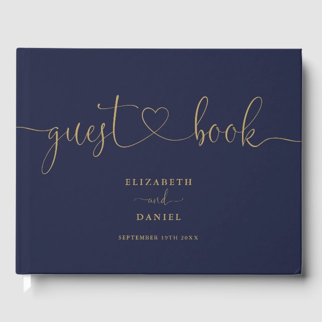 Navy Blue Och Guld Script Bröllop Gästböcker (Framsida)