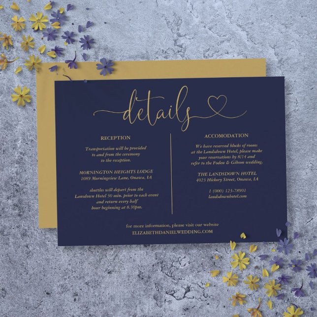 Navy Blue Och Guld Script Detaljer Informationskor Inbjudningar (Navy Blue And Gold Script Details Information Card)