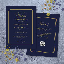 Navy Blue och Guld Script QR Code Art Deco Bröllop Inbjudningar