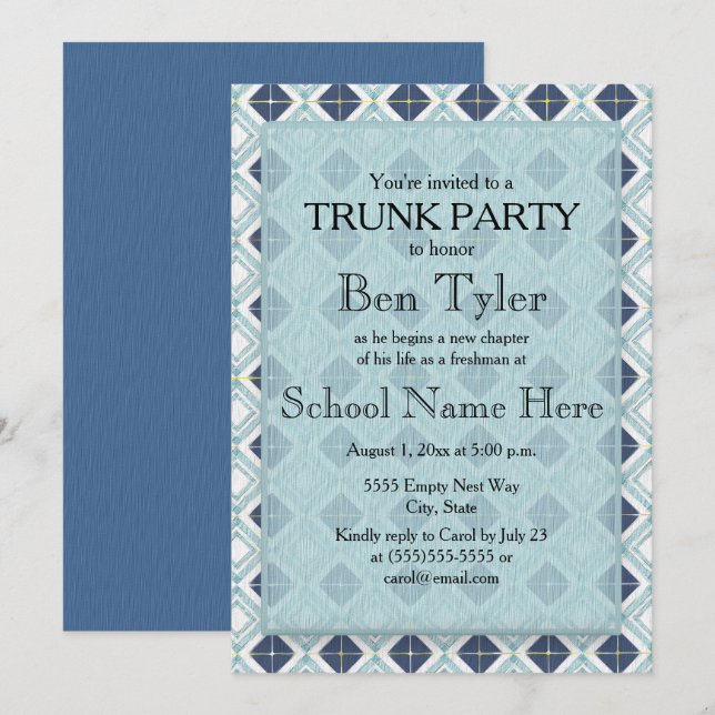 Navy Blue och Ljusblå Diamant Mönster Trunk Party Inbjudningar (Fram/baksida)