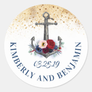 Navy Blue och Marsala Anchor Nautical Bröllop Runt Klistermärke