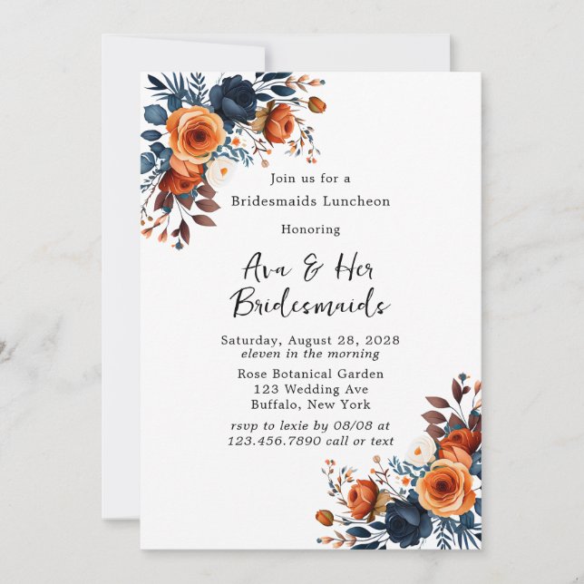 Navy Blue och Orange Peony Bridesmaids Luncheon Inbjudningar (Framsida)