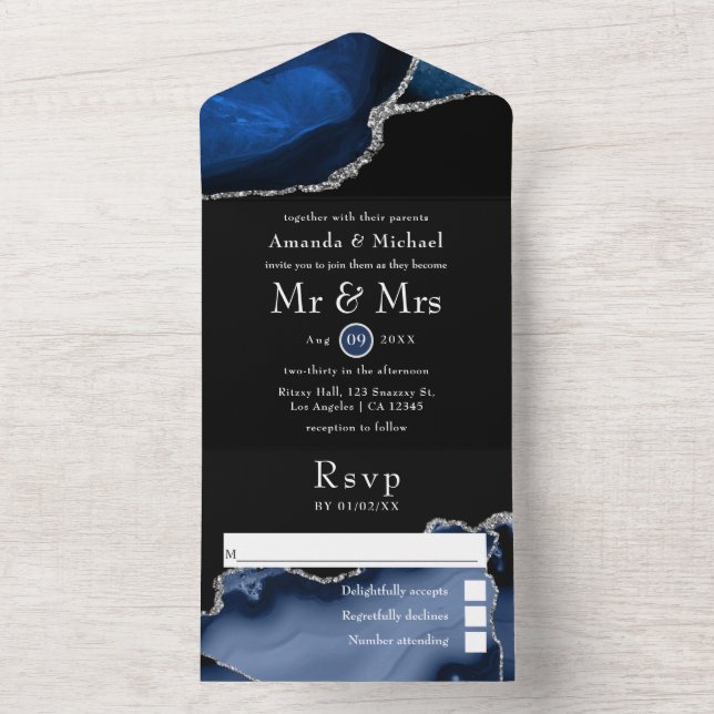 Navy Blue och Silver Agate Bröllop Allt I Ett Invi (Insida)