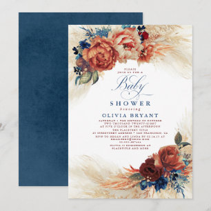 Navy Blue och Terracotta Blommigt Boho Baby Shower Inbjudningar
