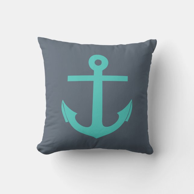 Navy Blue och Turcouise Anchor Nautical Kudde (Framsida)