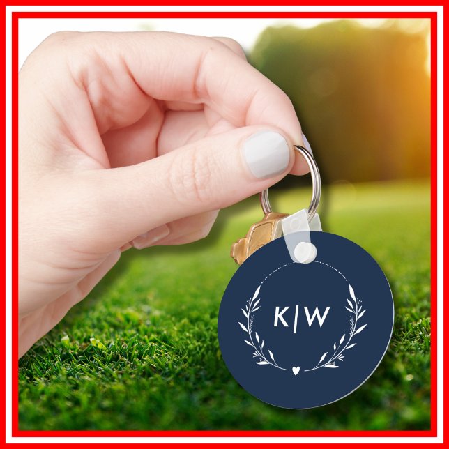 Navy Blue och Vit | Moderna Initialer Monogram Nyckelring (Navy Blue and White | Modern Initials Monogram Keychain)