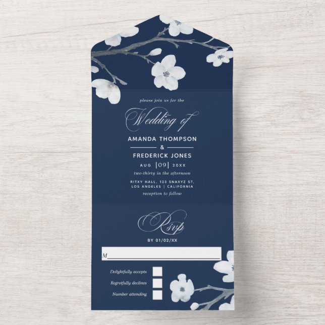 Navy Blue och Vita Körsbärsblommor Bröllop Allt In (Insida)