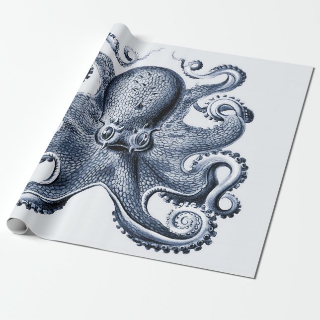 Navy Blue Octopus illustration av Ernst Haeckel Presentpapper (Utrullad)
