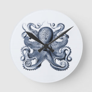 Navy Blue Octopus illustration av Ernst Haeckel Rund Klocka