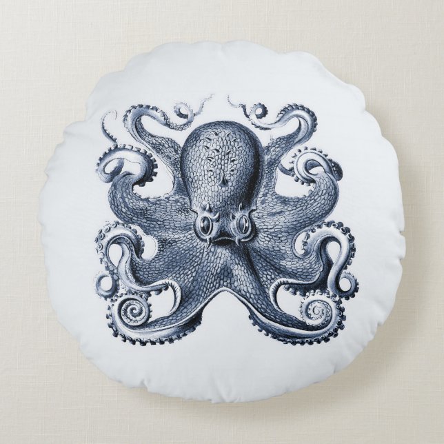 Navy Blue Octopus illustration av Ernst Haeckel Rund Kudde (Framsidan)