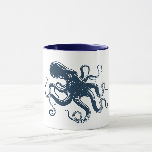 Navy Blue octopus nautiques illustration Mugg (Center)