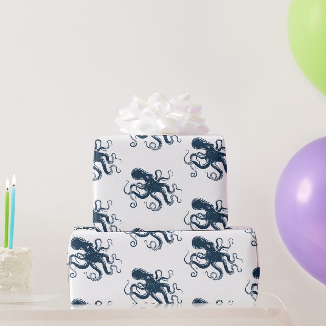 Navy Blue octopus nautiques illustration Presentpapper (Festgåvor)