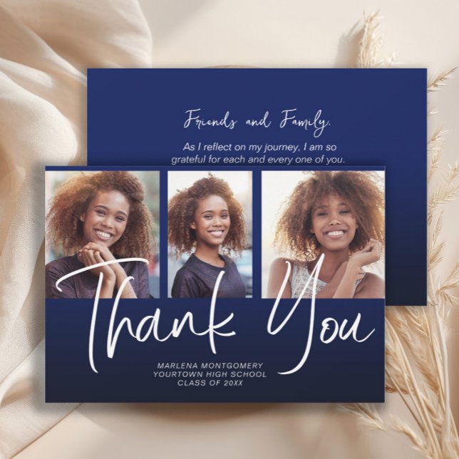 Navy Blue Ombre' Examen 3 Foto Tack  Kort (Navy blue 3-photo graduation "Thank you" card)
