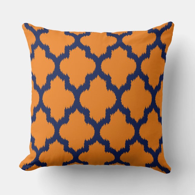 Navy Blue & Orange Quatrefoil Ikat Mönster Kudde (Framsida)