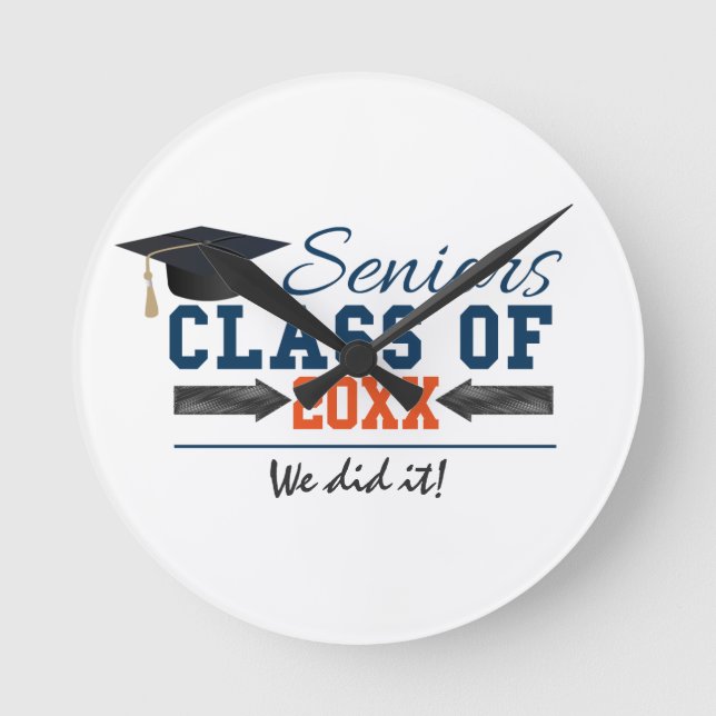Navy Blue Orange Typografi Utexamineringsklocka Rund Klocka (Framsida)