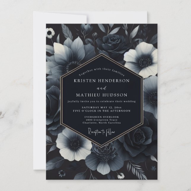 Navy Blue Ornate Gothic Wedding Inbjudningar (Framsida)