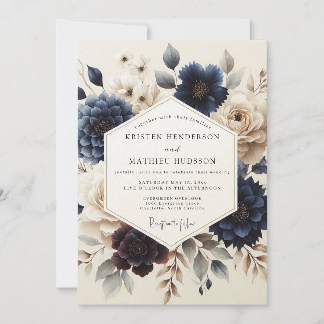 Navy Blue Painterly Bloom Wedding Inbjudningar (Framsida)