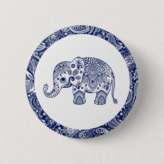 Navy Blue Paisley Elephant Knapp (Framsida)