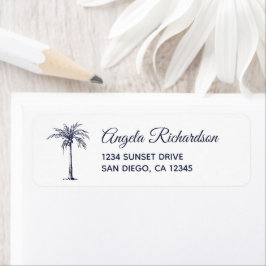 Navy Blue Palm Tree Strandbröllop Returadress Etikett