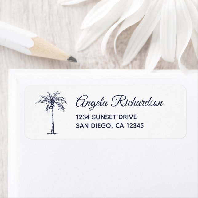 Navy Blue Palm Tree Strandbröllop Returadress Etikett (Insitu)