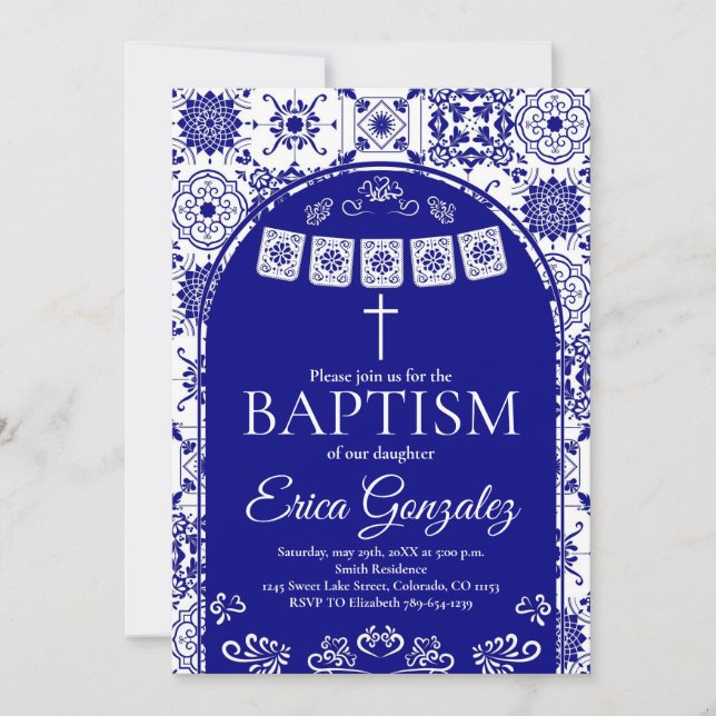 Navy Blue Papel Picado Baptism Invitation Inbjudningar (Framsida)