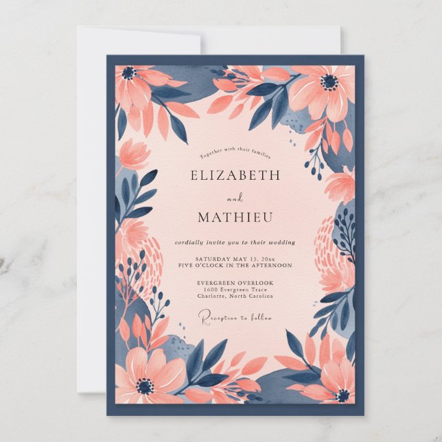 Navy Blue Peach Bold Floral Wedding Inbjudningar (Framsida)
