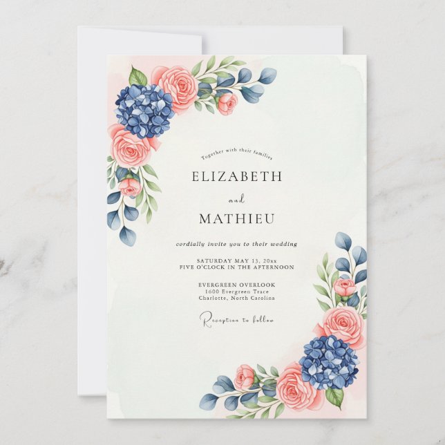 Navy Blue Peach Sublime Botanical Wedding Inbjudningar (Framsida)