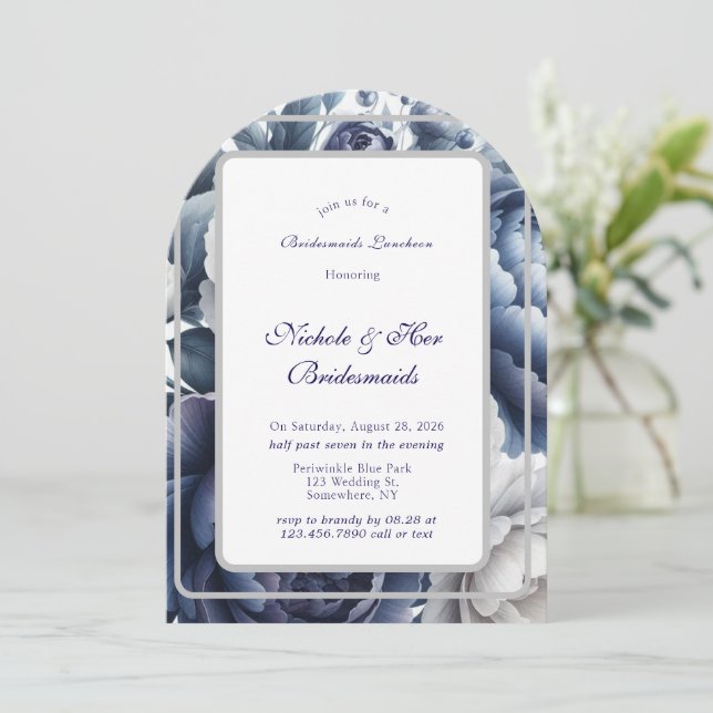 Navy Blue Peonies Vit ros Bridesmaids Luncheon Inbjudningar (Stående Fram)
