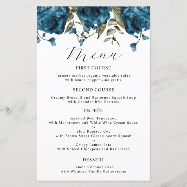 Navy Blue Peony Flower Bröllop Dinner Menu (Framsida)