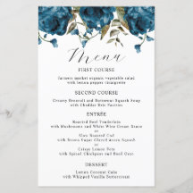 Navy Blue Peony Flower Bröllop Dinner Menu